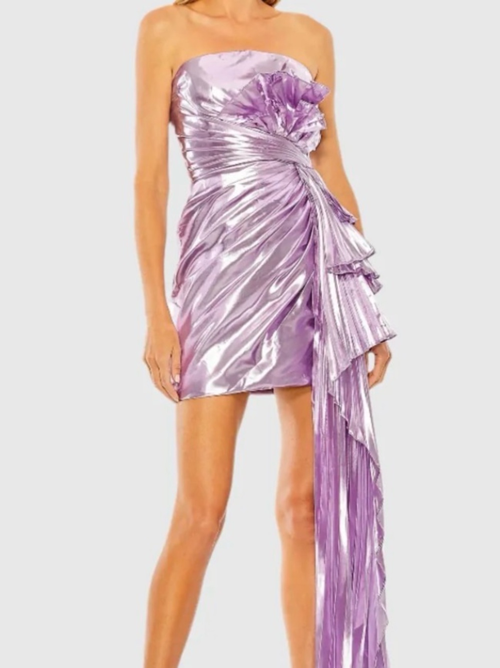 Mac Duggal Metallic Lilac Strapless Mini Dress with Draped Ruffle